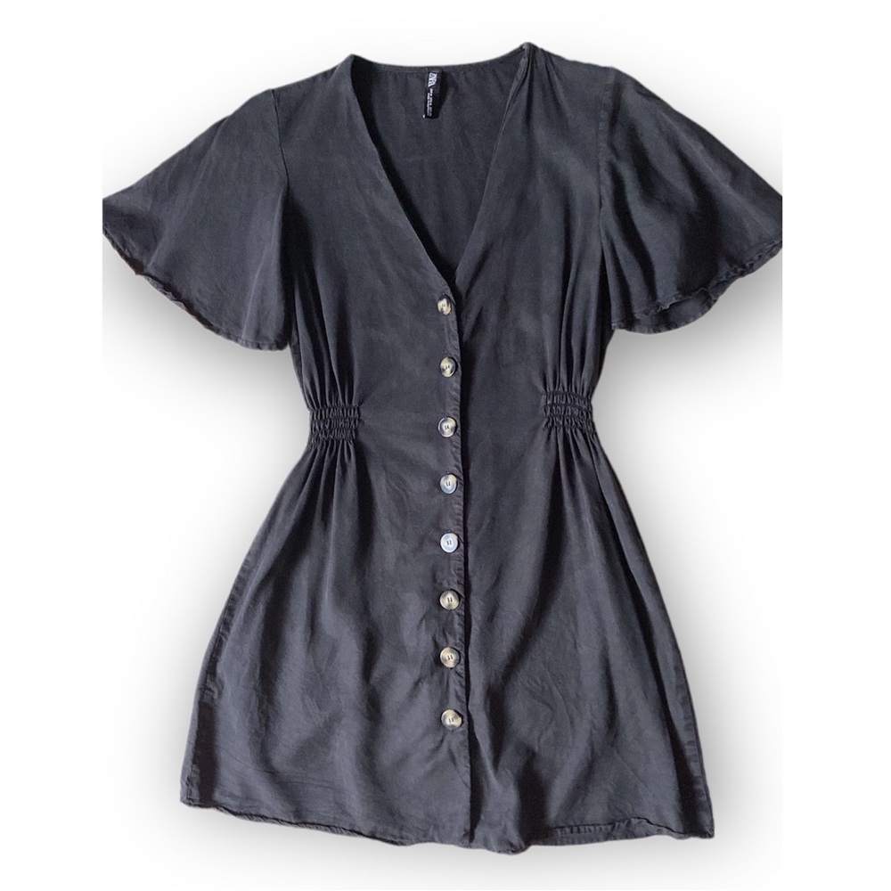 Zara Button Front Fit and Flare Dress Woman’s Size Medium Black Flutter Sleeves
